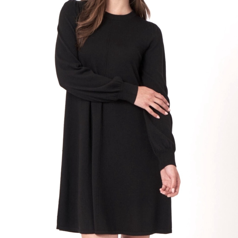 New Repeat Merino Wool Black Midi Sweater Dress Bell Sleeve Crewneck Small EU 38
